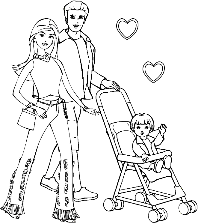 Coloriage St Valentin Deux Parents Promenent Leur Fille Dans Une Poussette - Saint-Valentin à imprimer