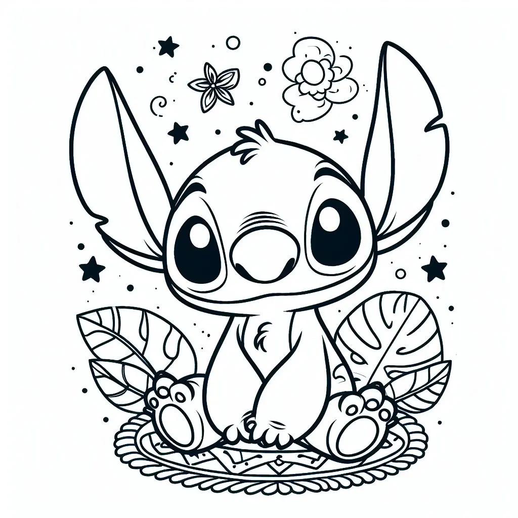 Stitch Sitting with Flowers and Stars Easy coloring page to print