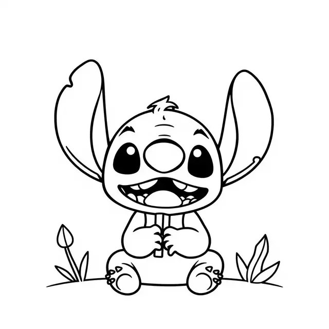 Coloriage Stitch Assis Avec Un Grand Sourire - Stitch facile à imprimer