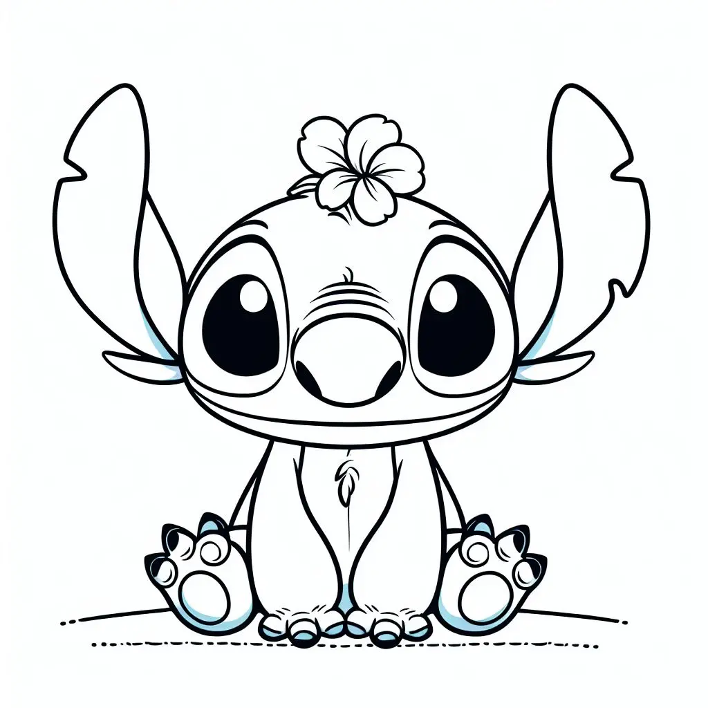 Coloriage Stitch Assis Avec Une Fleur Sur La Tête - Stitch mignon à imprimer