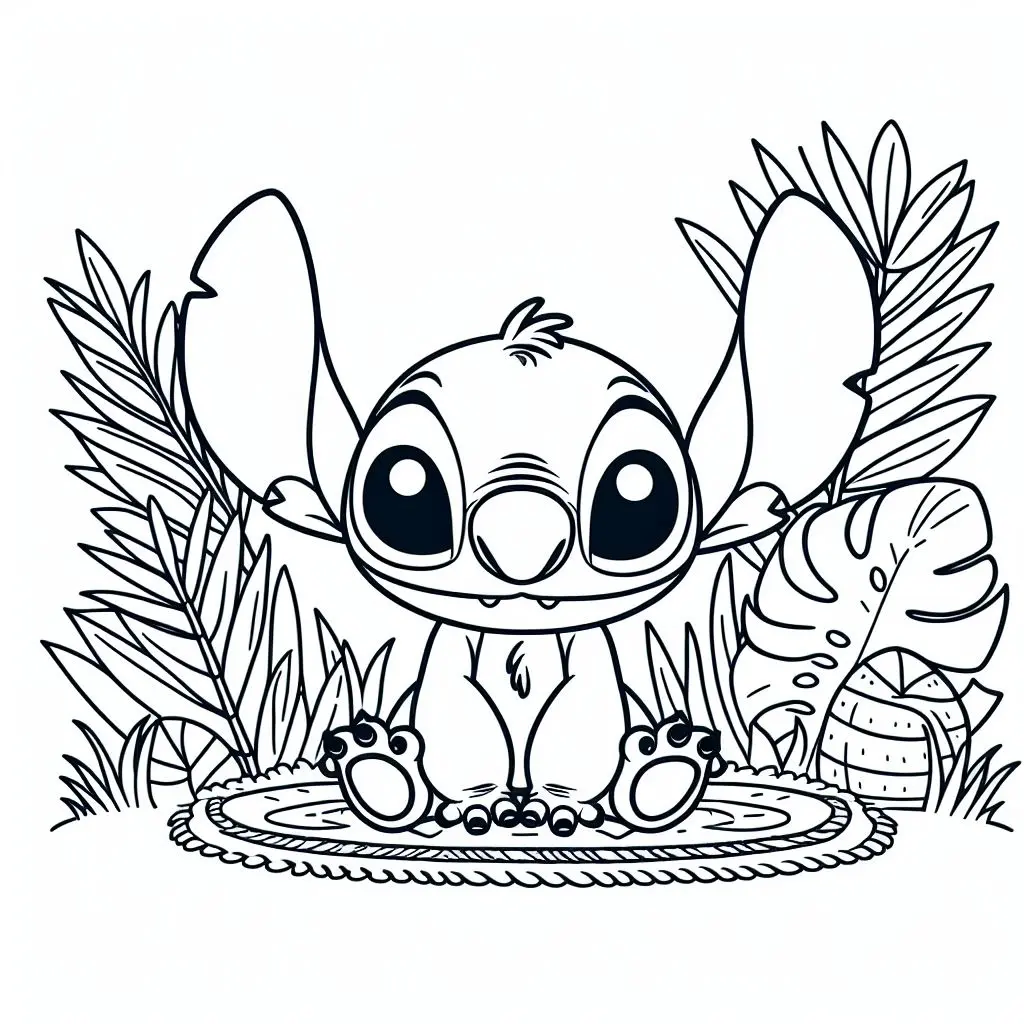 Coloriage Stitch Assis Dans Un Decor Tropical - Stitch mignon à imprimer