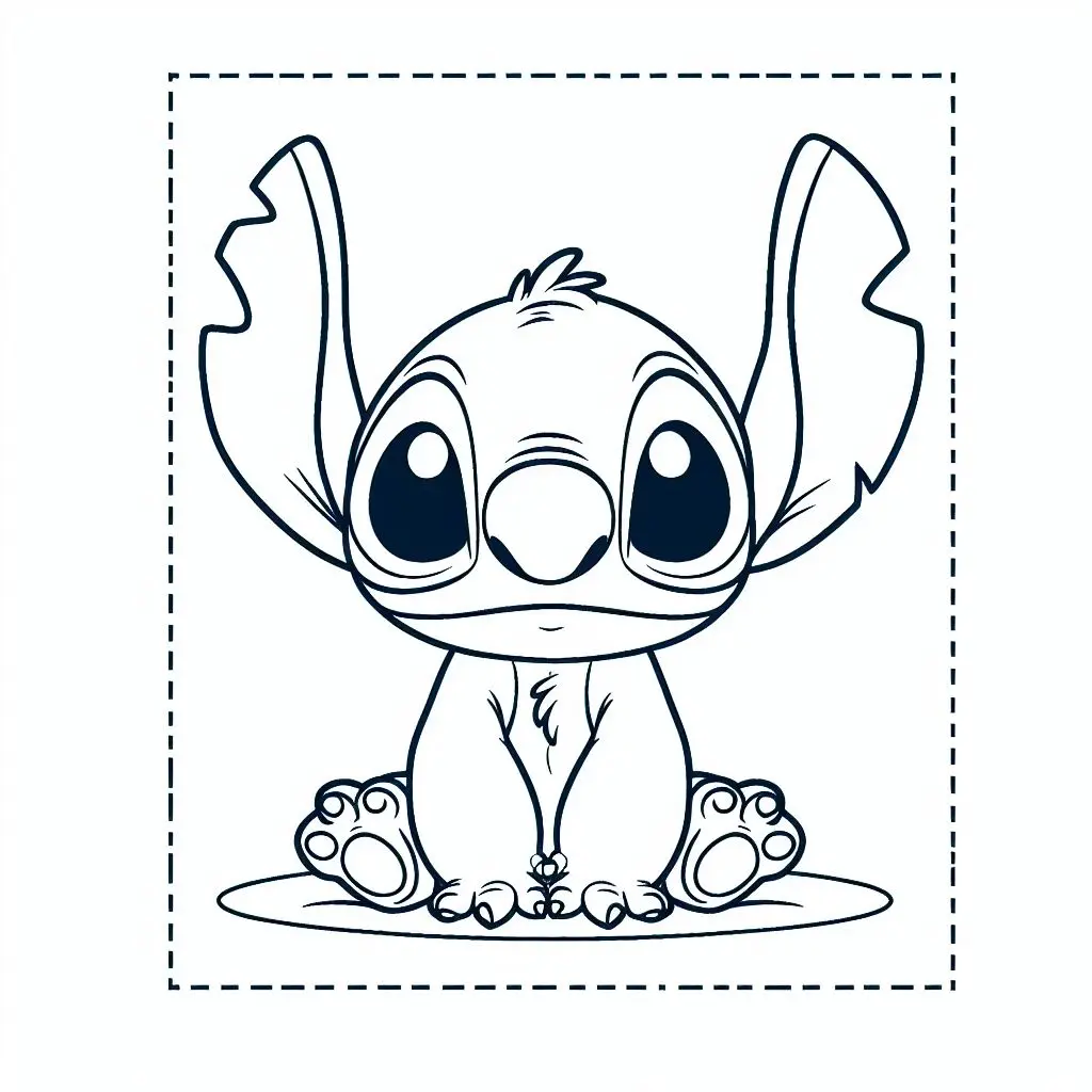 Stitch Sitting in Black and White Graphic Style coloring page to print