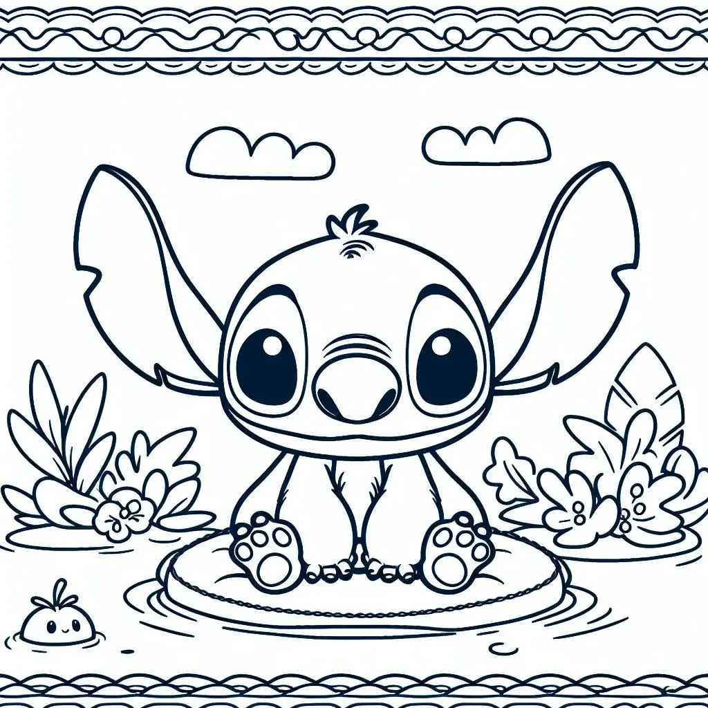 Stitch Sitting on a Lily Pad – Easy coloring page to print