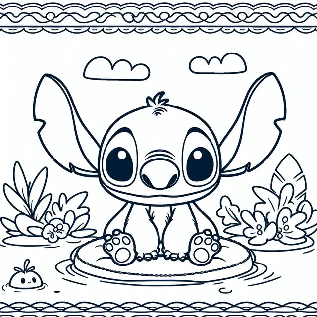 Ausmalbild Stitch sitzt auf einer Seerose – einfache Ausmalbilder zum Ausdrucken