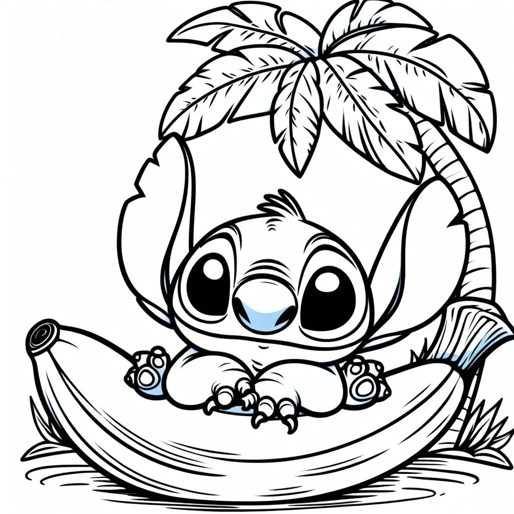 Coloriage Stitch Assis Sur Une Banane - Stitch mignon à imprimer