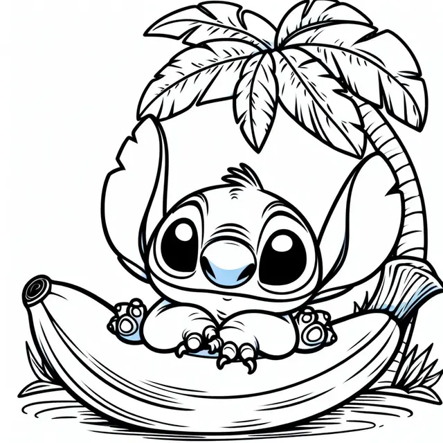 Coloriage Stitch Assis Sur Une Banane - Stitch mignon à imprimer