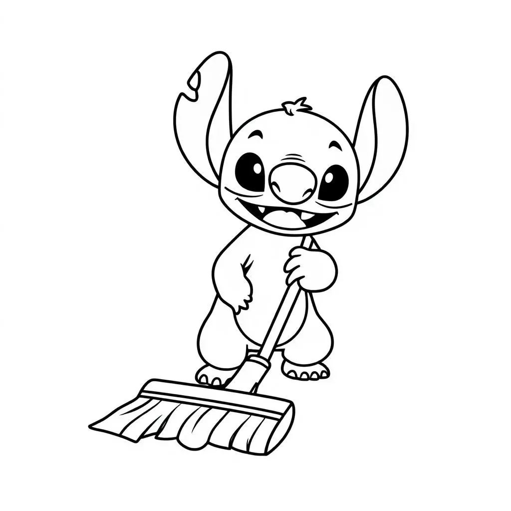 Stitch with a Broom coloring page to print