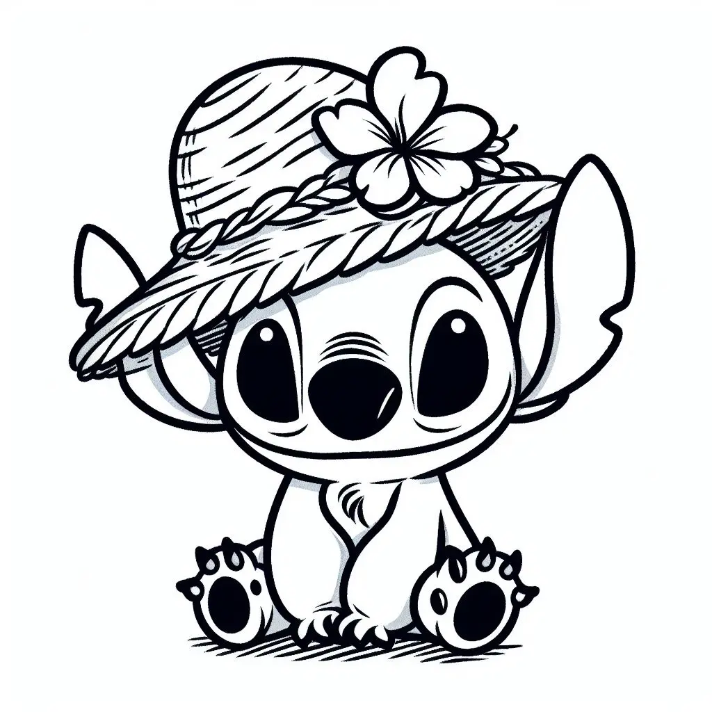 Coloriage Stitch Avec Chapeau Et Fleur - Stitch mignon à imprimer