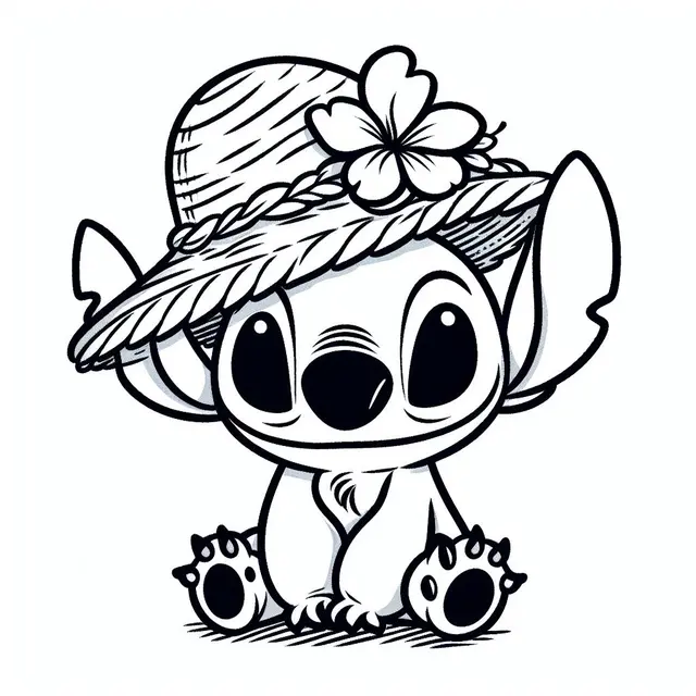 Coloriage Stitch Avec Chapeau Et Fleur - Stitch mignon à imprimer