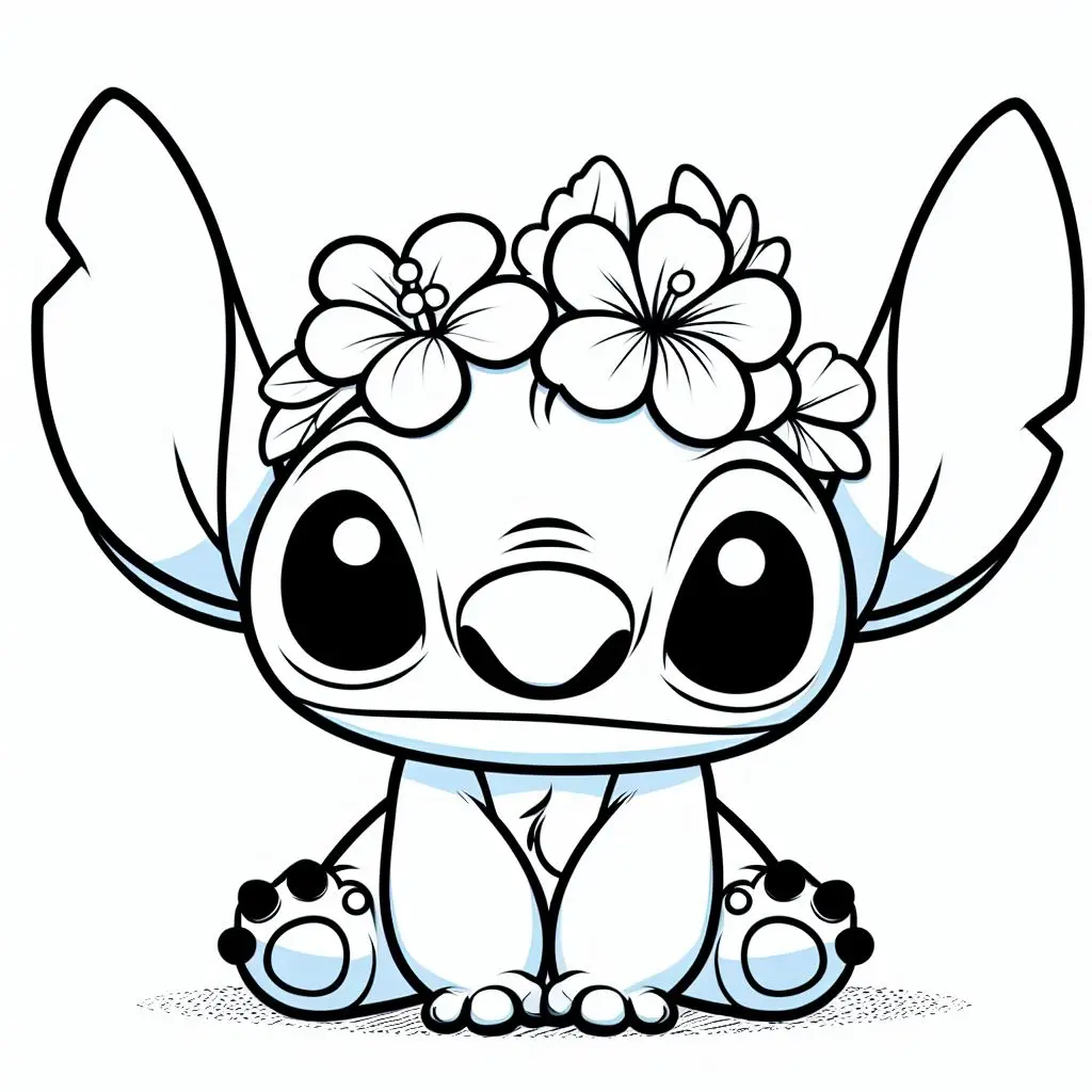 Coloriage Stitch Avec Couronne De Fleurs - Stitch mignon à imprimer