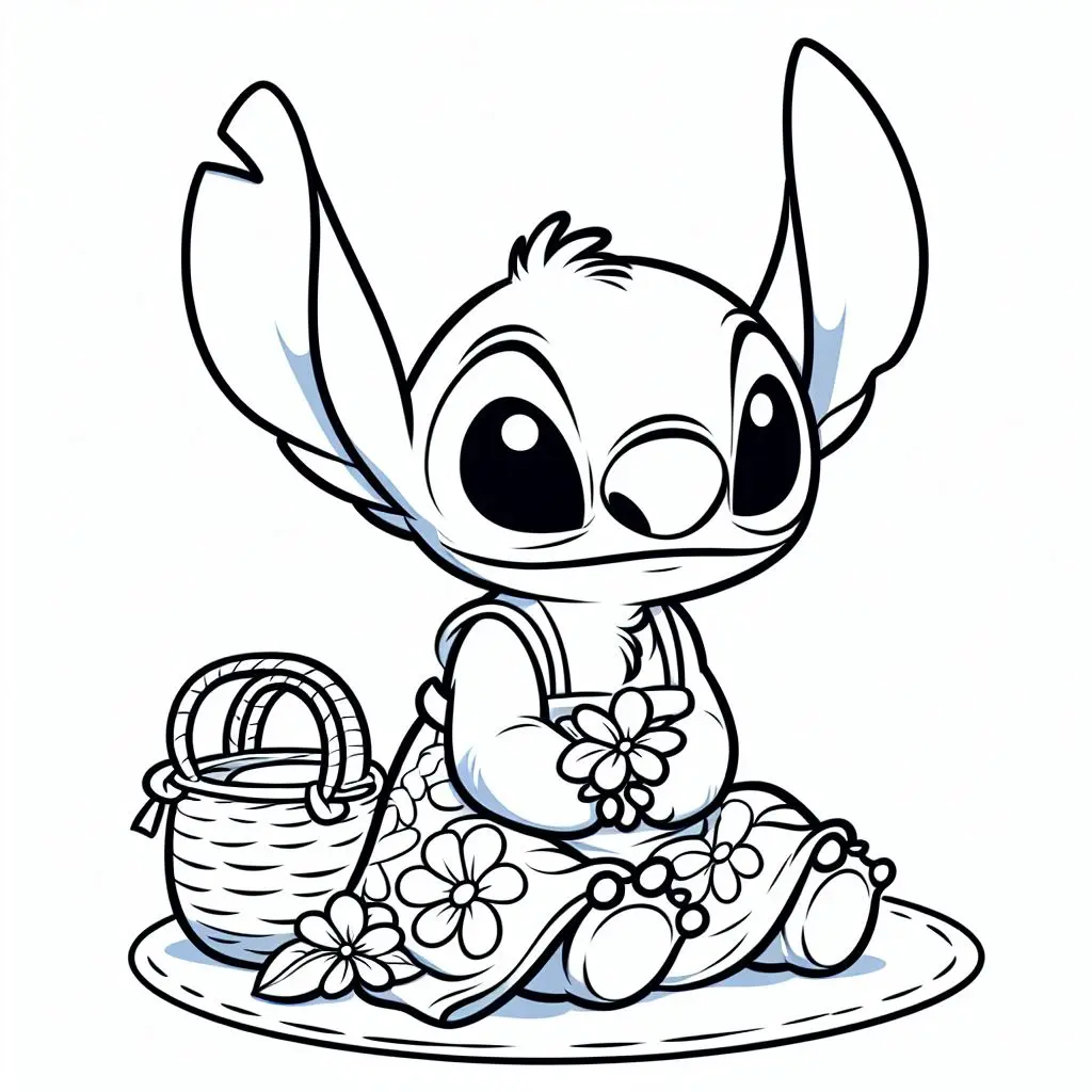 Coloriage Stitch Avec Des Fleurs Et Un Panier - Stitch mignon à imprimer