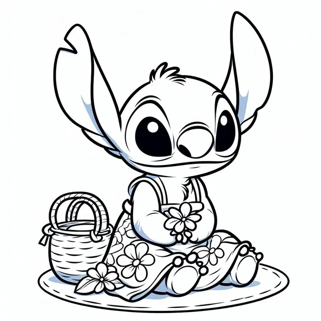 Coloriage Stitch Avec Des Fleurs Et Un Panier - Stitch mignon à imprimer
