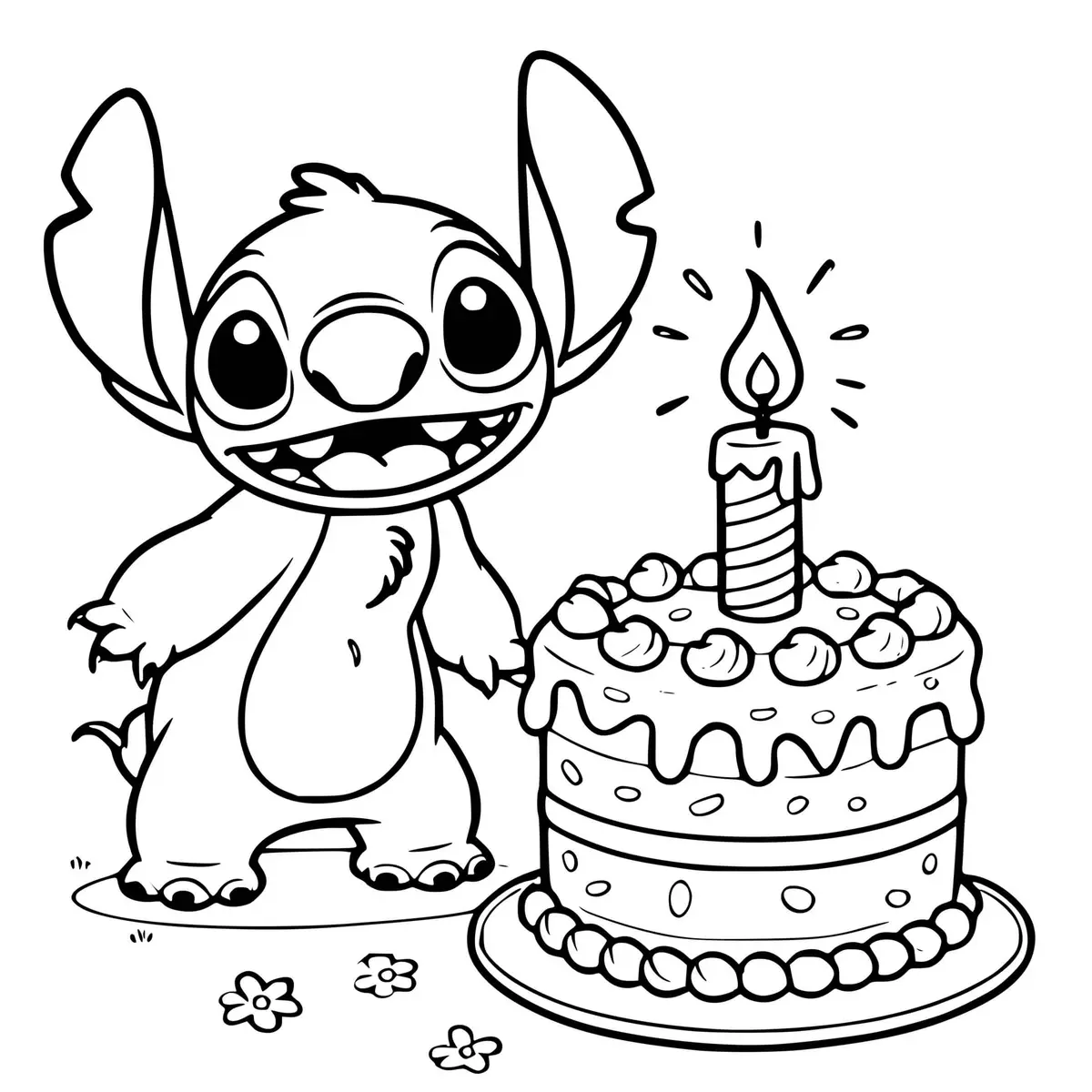 Ausmalbild Stitch genießt eine Geburtstagstorte zum Ausdrucken