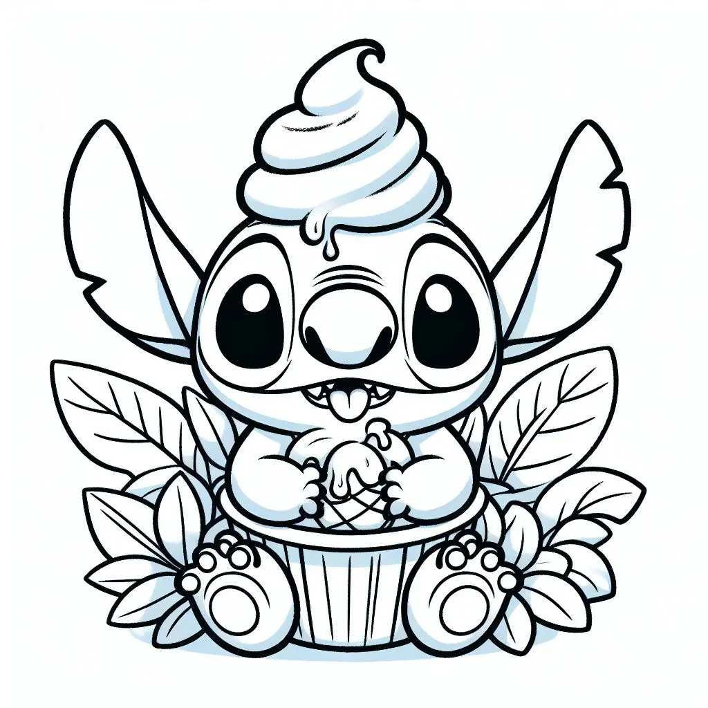 Stitch with Ice Cream on His Head – Easy coloring page to print