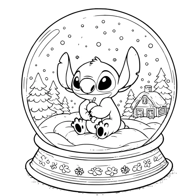 Coloriage Stitch Boule Neige Magique - Stitch Noël à imprimer