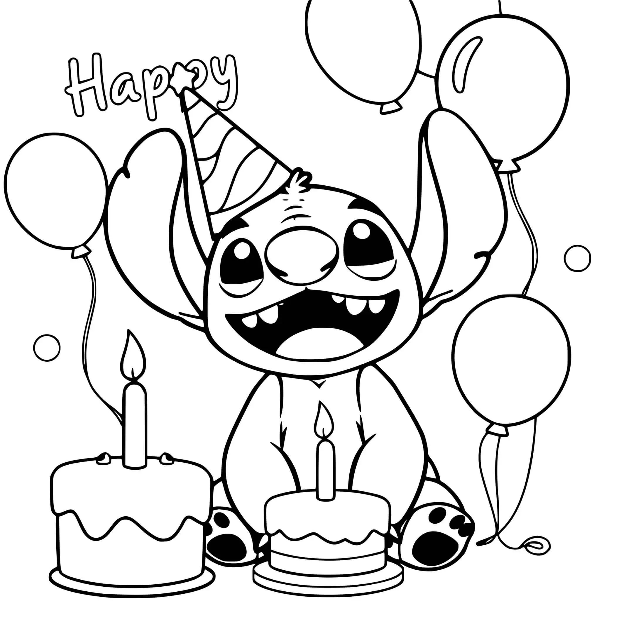 Coloriage Stitch Célèbre Son Anniversaire Avec Des Gâteaux Et Des Ballons - Stitch anniversaire à imprimer