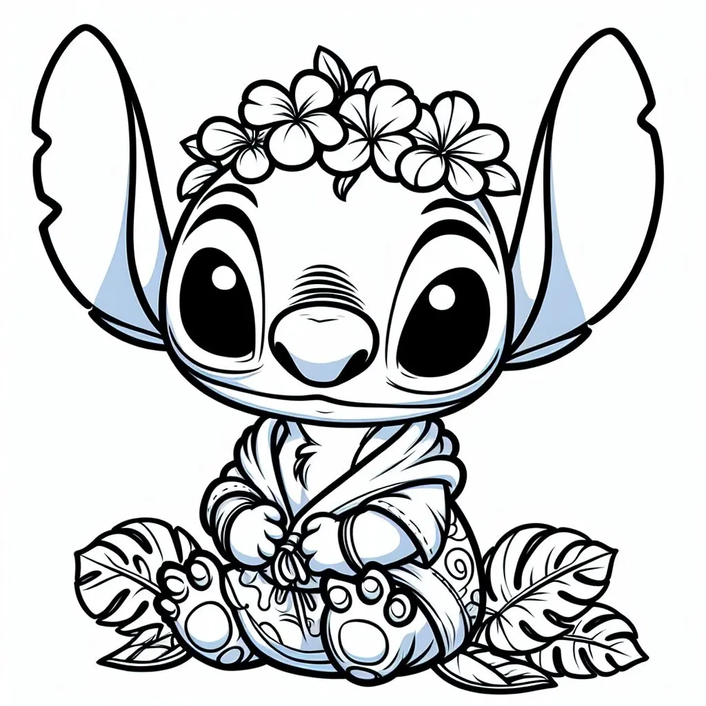 Coloriage Stitch En Guirlande De Fleurs Tropical - Stitch mignon à imprimer