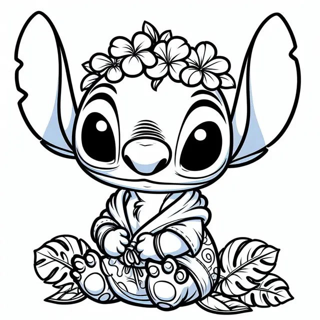 Coloriage Stitch En Guirlande De Fleurs Tropical - Stitch mignon à imprimer