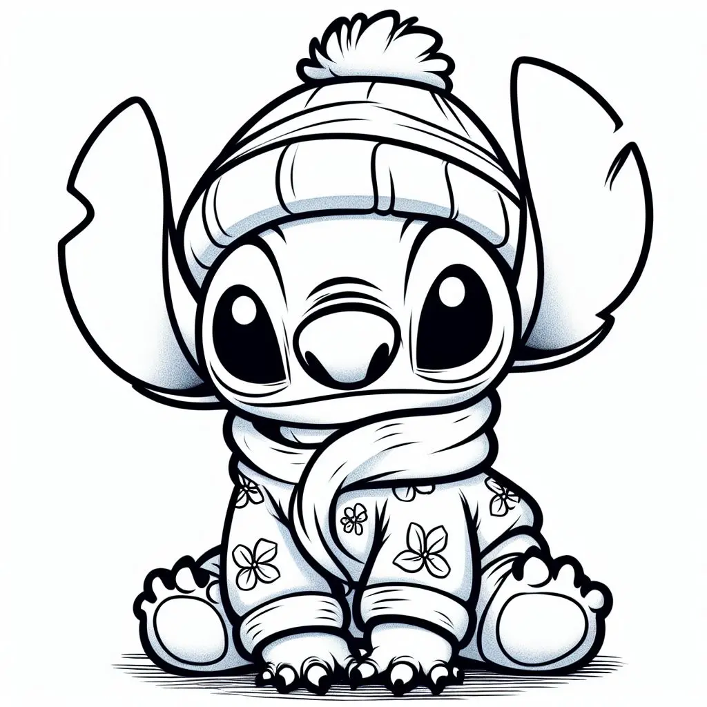 Coloriage Stitch en habit d'hiver avec bonnet - Stitch mignon à imprimer