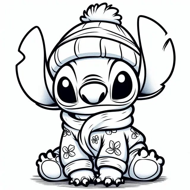 Coloriage Stitch en habit d'hiver avec bonnet - Stitch mignon à imprimer