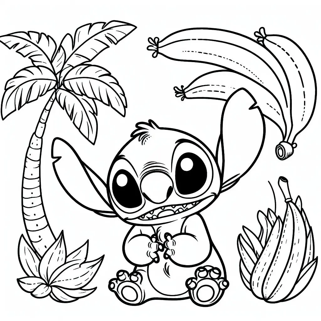 Coloriage Stitch jouant avec des bananes tropicales - Stitch mignon à imprimer