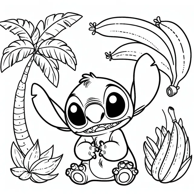 Coloriage Stitch jouant avec des bananes tropicales - Stitch mignon à imprimer