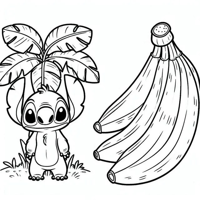 Ausmalbild Stitch mit tropischen Bananen zum Ausdrucken