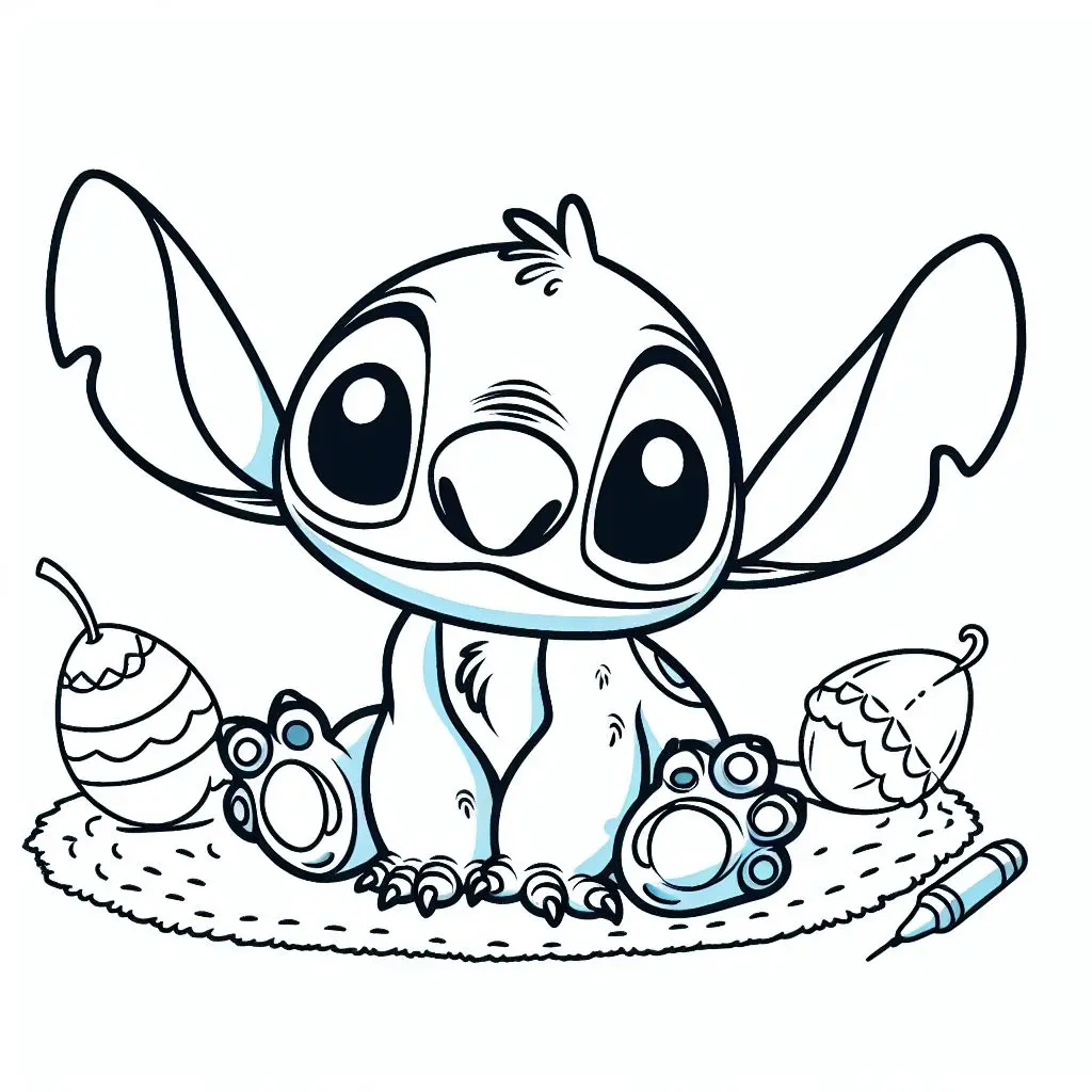 Stitch Playing with Toys on a Blanket coloring page to print