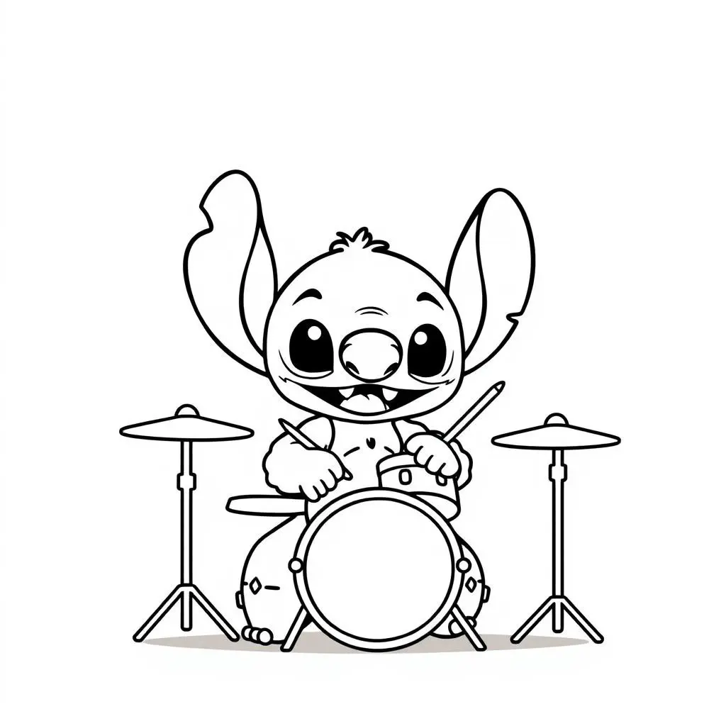 Stitch Playing Drums – Easy coloring page to print