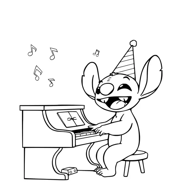 Dibujo de Stitch tocando el piano en la fiesta de cumpleaños para colorear
