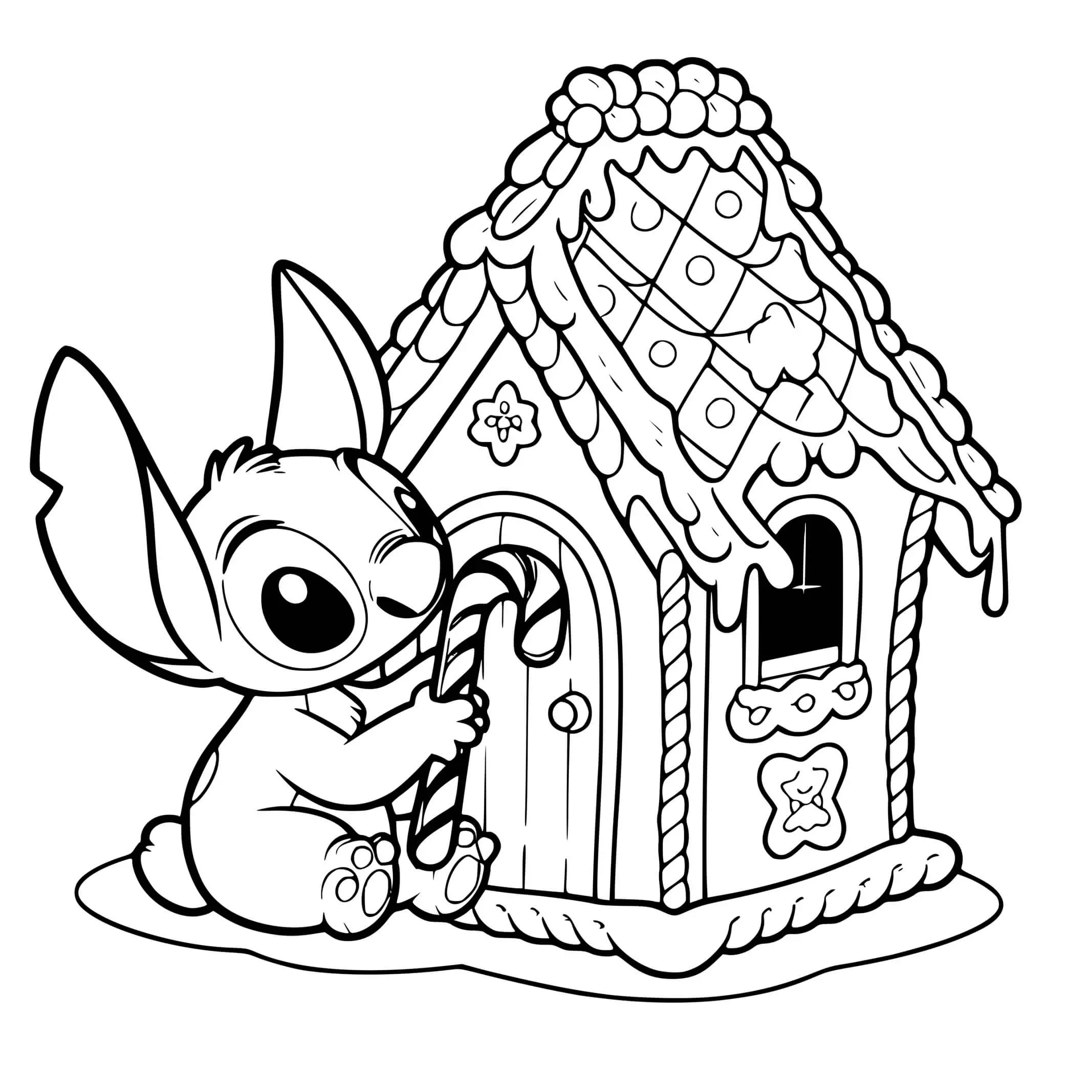 Coloriage Stitch Maison Pain Epices - Stitch Noël à imprimer