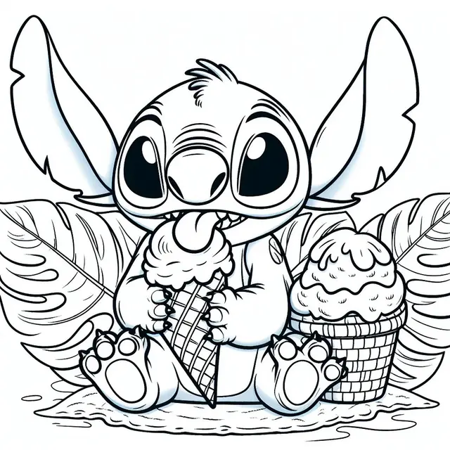 Ausmalbild Stitch isst Eis zum Ausdrucken