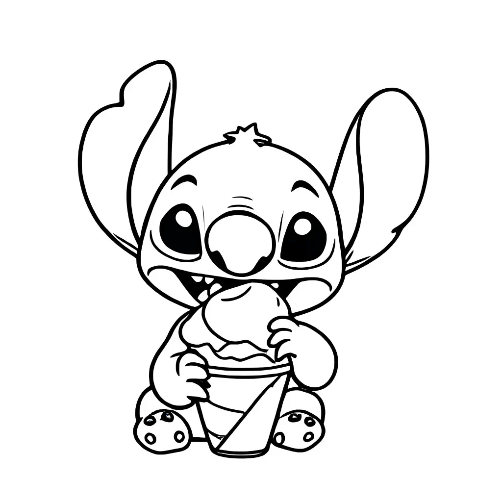 Coloriage Stitch savourant une glace gourmande - Stitch mignon à imprimer