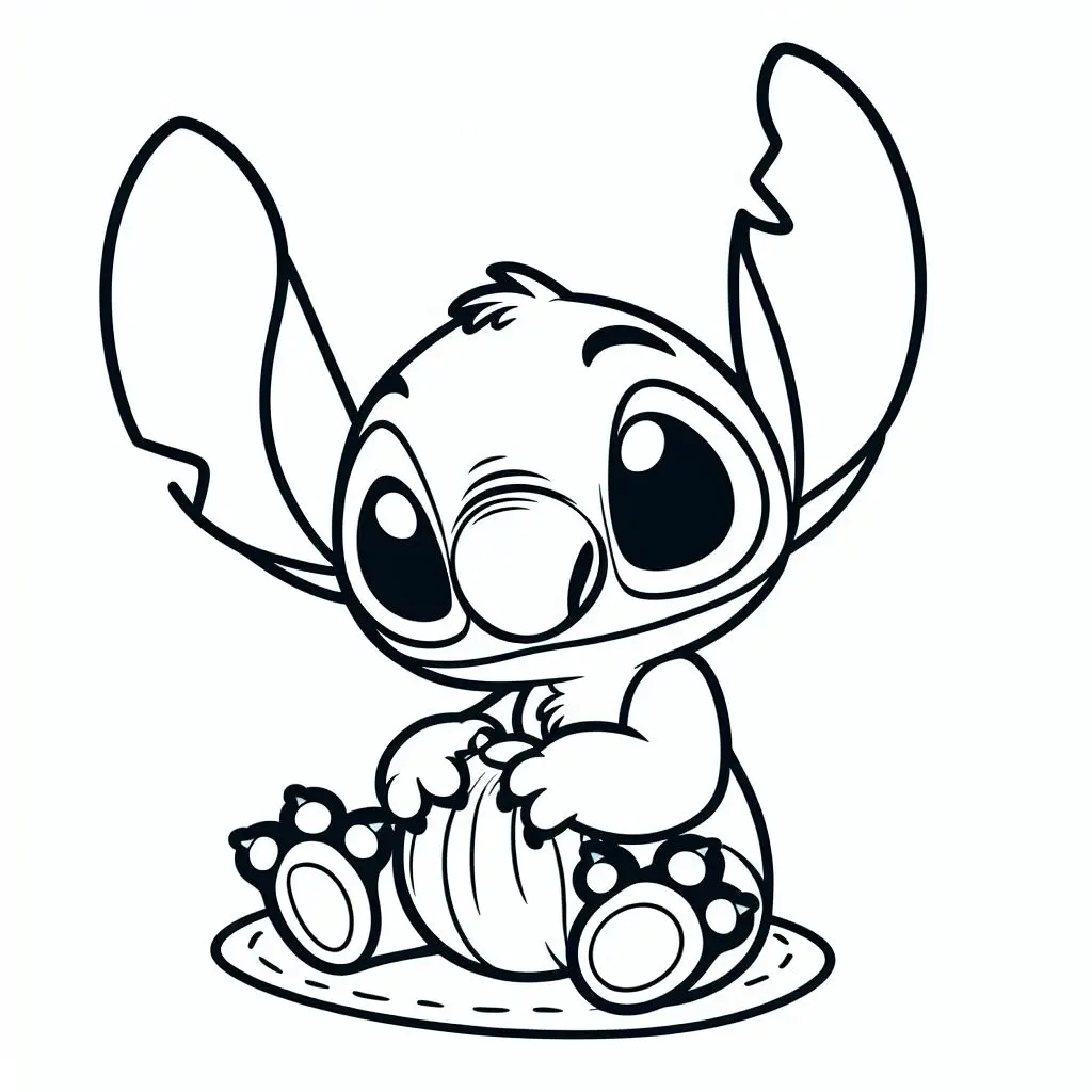 Coloriage Stitch Mignon Assis Avec Une Feuille - Stitch mignon à imprimer