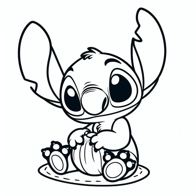 Ausmalbild Süßer Stitch sitzt mit einem Blatt zum Ausdrucken