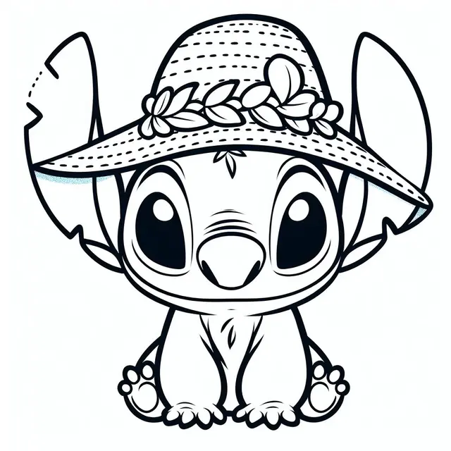Ausmalbild Süßer Stitch mit Blumenhut zum Ausdrucken