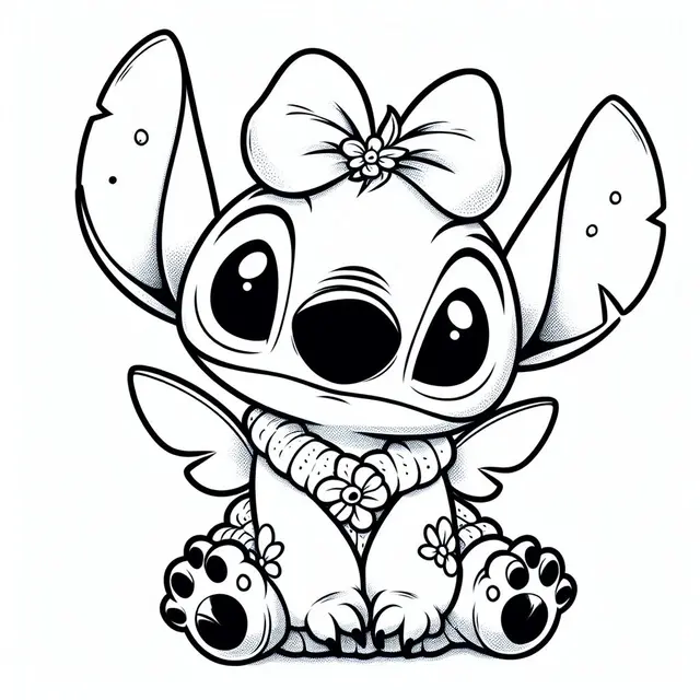 Ausmalbild Süßer Stitch mit Blume auf dem Kopf zum Ausdrucken