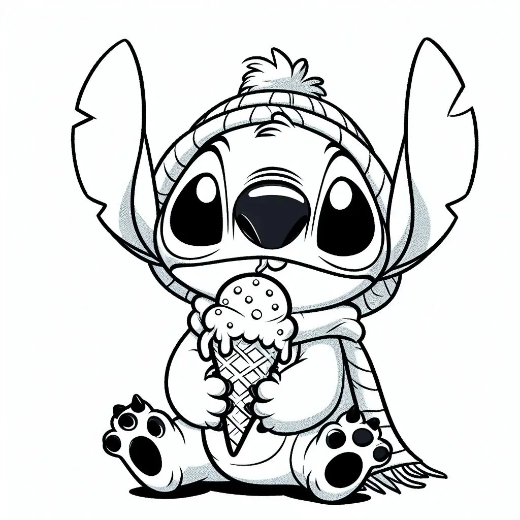 Coloriage Stitch Mignon En Hiver Avec Glace - Stitch mignon à imprimer