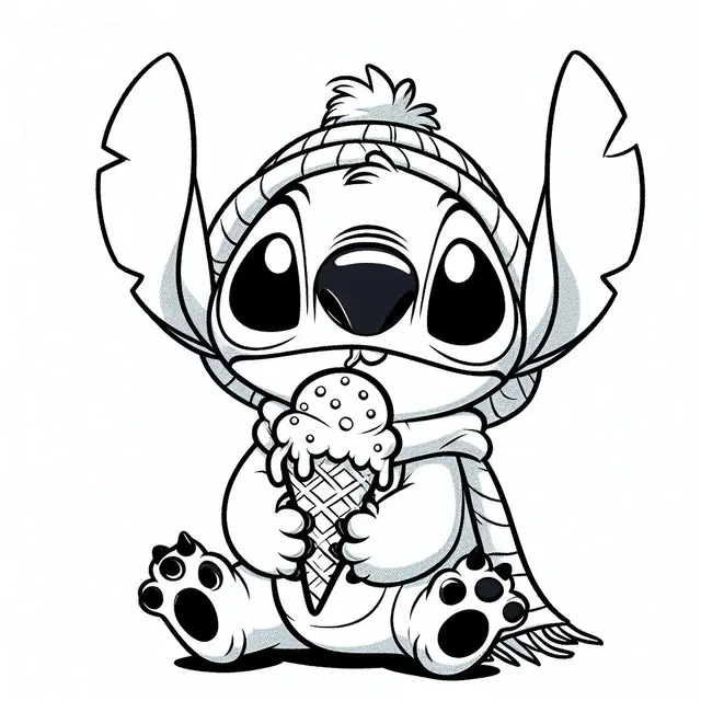 Ausmalbild Süßer Stitch im Winter mit Eis zum Ausdrucken