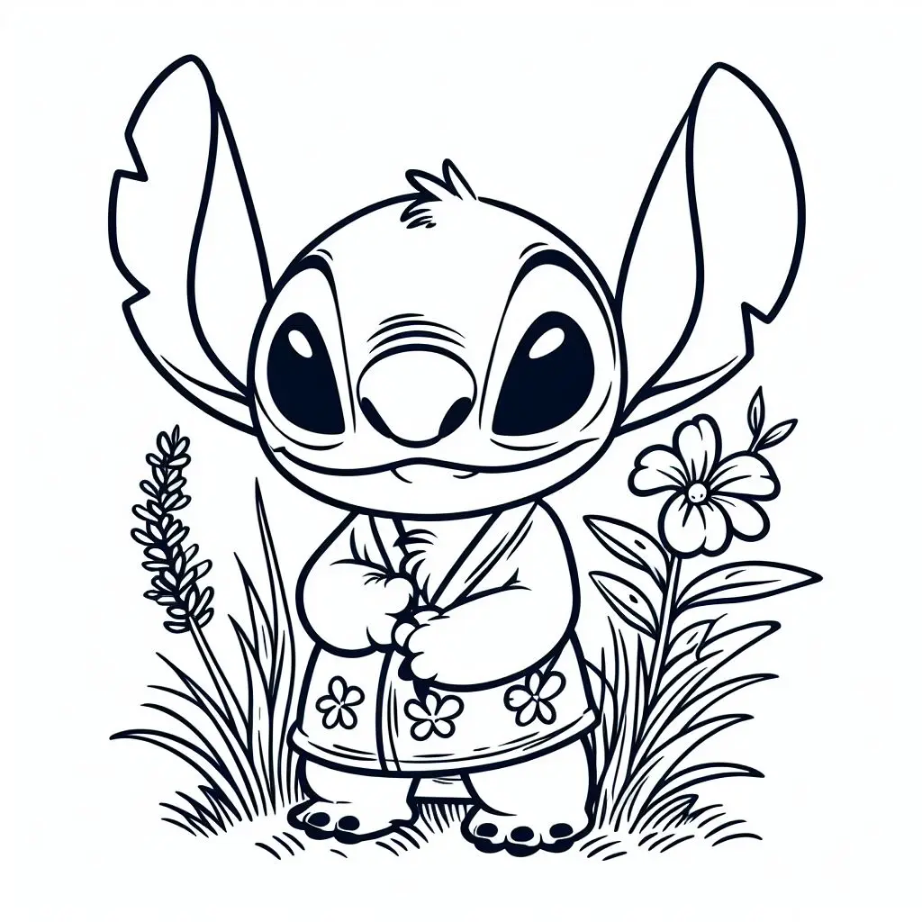 Coloriage Stitch Mignon En Kimono Avec Des Fleurs - Stitch mignon à imprimer
