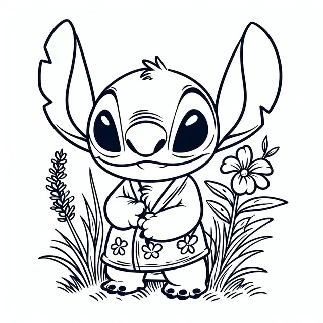 Ausmalbild Süßer Stitch im Kimono mit Blumen zum Ausdrucken