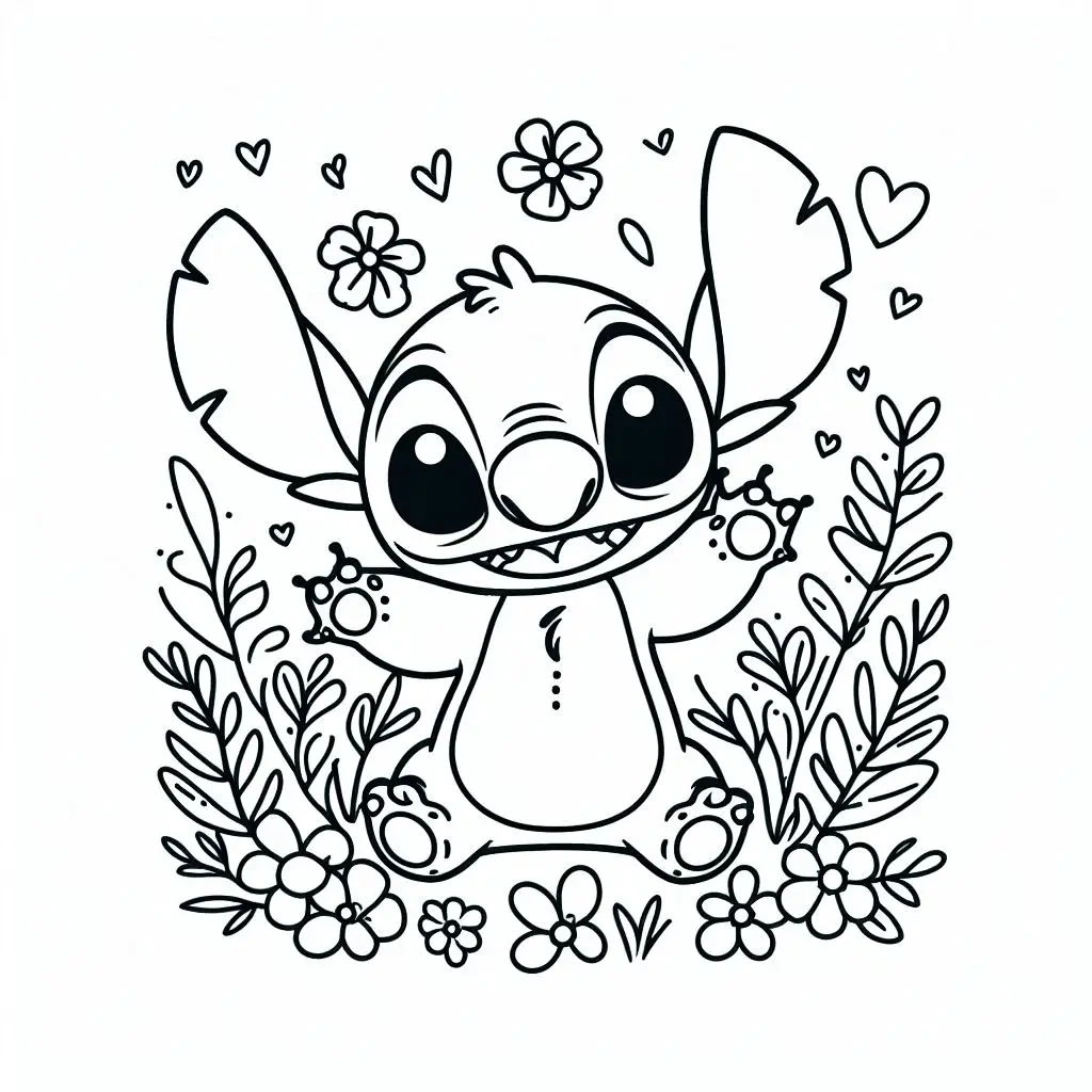 Coloriage Stitch Mignon Entoure De Fleurs Illustration Monochrome - Stitch mignon à imprimer