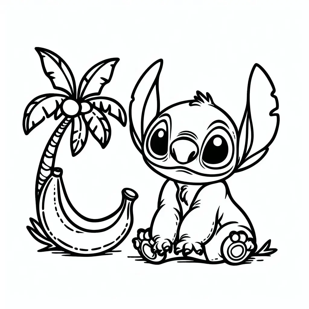Coloriage Stitch Mignon Et Palmier Illustration Noir Et Blanc - Stitch mignon à imprimer