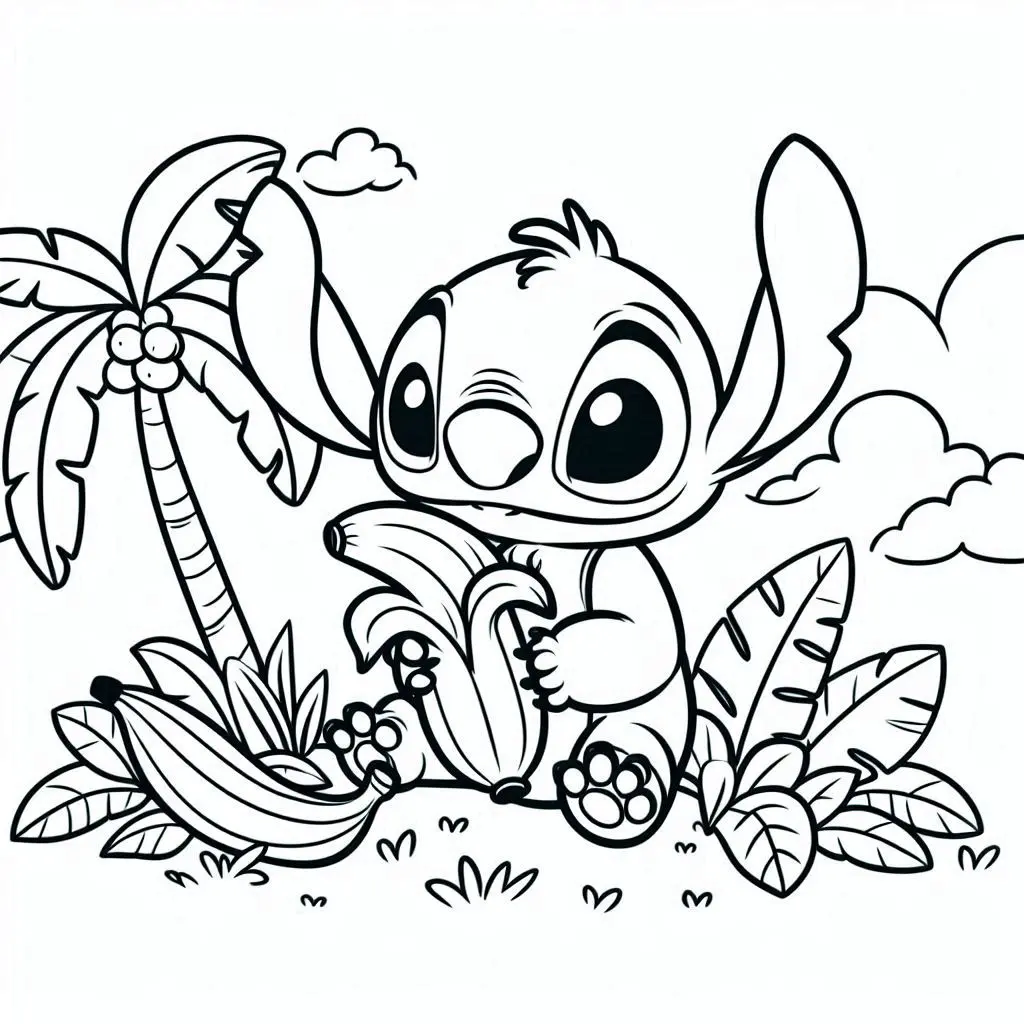 Coloriage Stitch Mignon Mangeant Une Banane Sous Un Palmier - Stitch mignon à imprimer