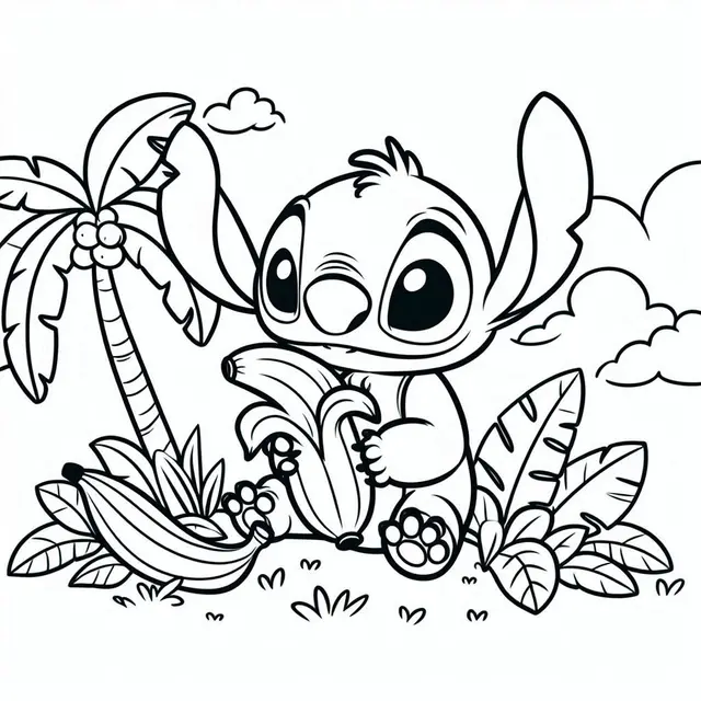 Ausmalbild Süßer Stitch isst eine Banane unter einer Palme zum Ausdrucken