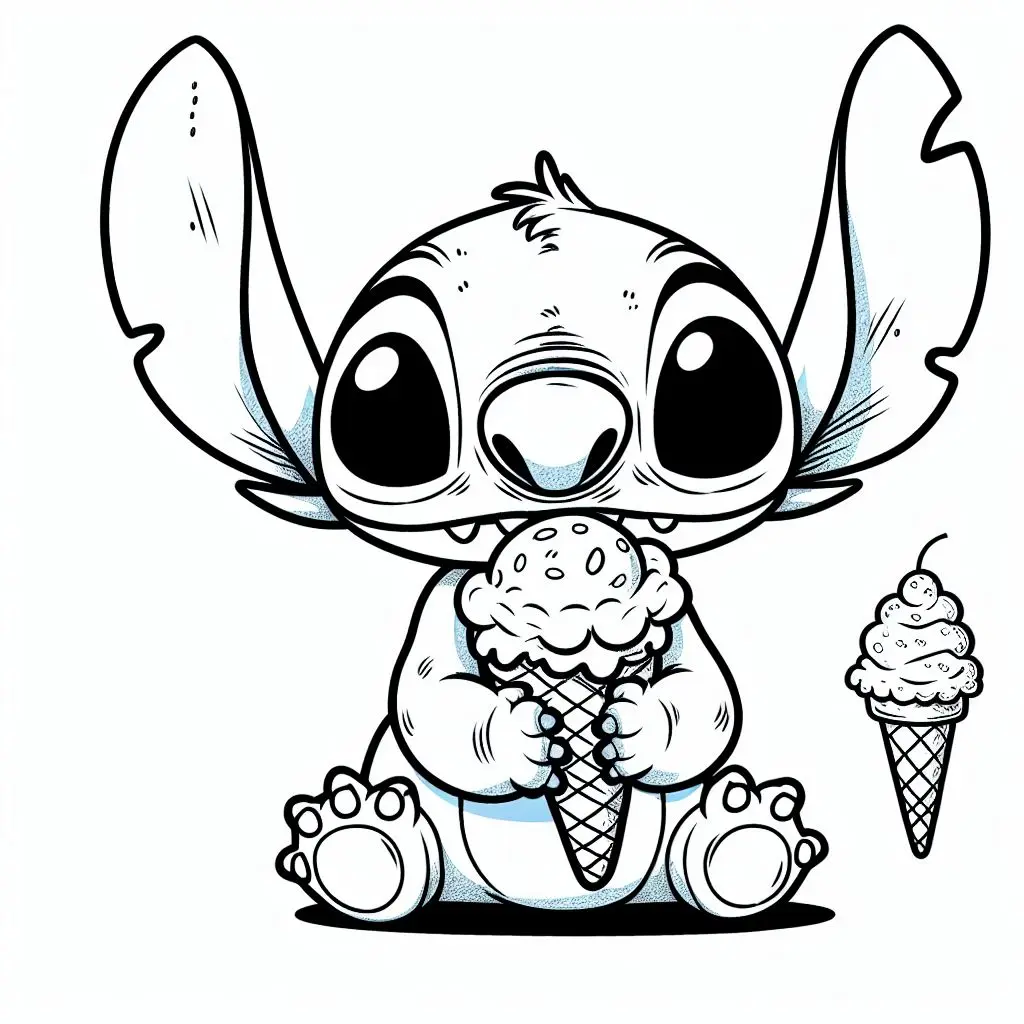Coloriage Stitch savourant une glace gourmande - Stitch mignon à imprimer