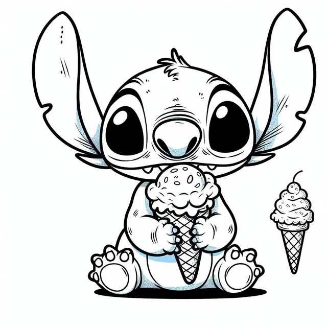 Ausmalbild Stitch genießt ein leckeres Eis zum Ausdrucken