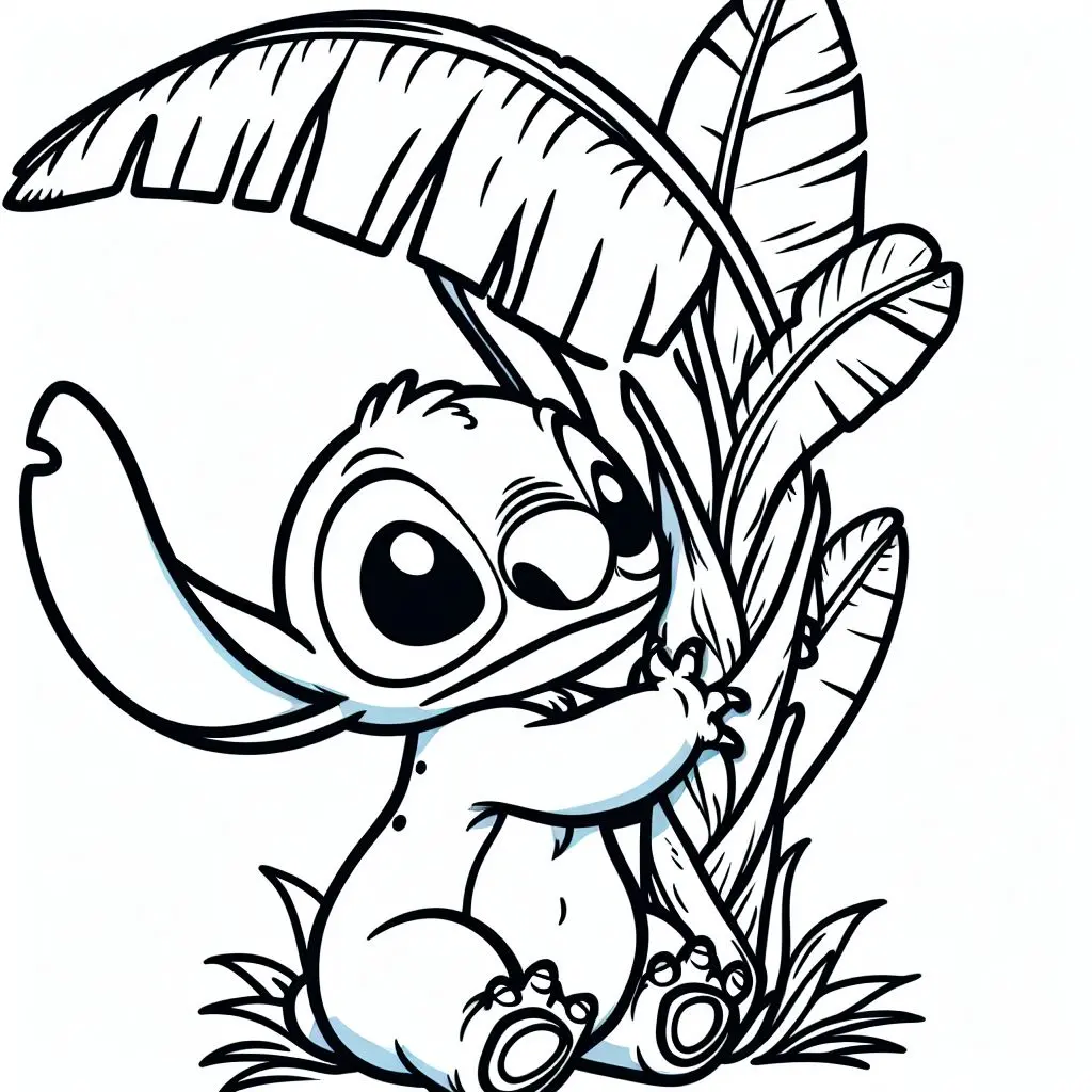 Coloriage Stitch Mignon Samusant Avec Une Feuille De Palmier - Stitch mignon à imprimer