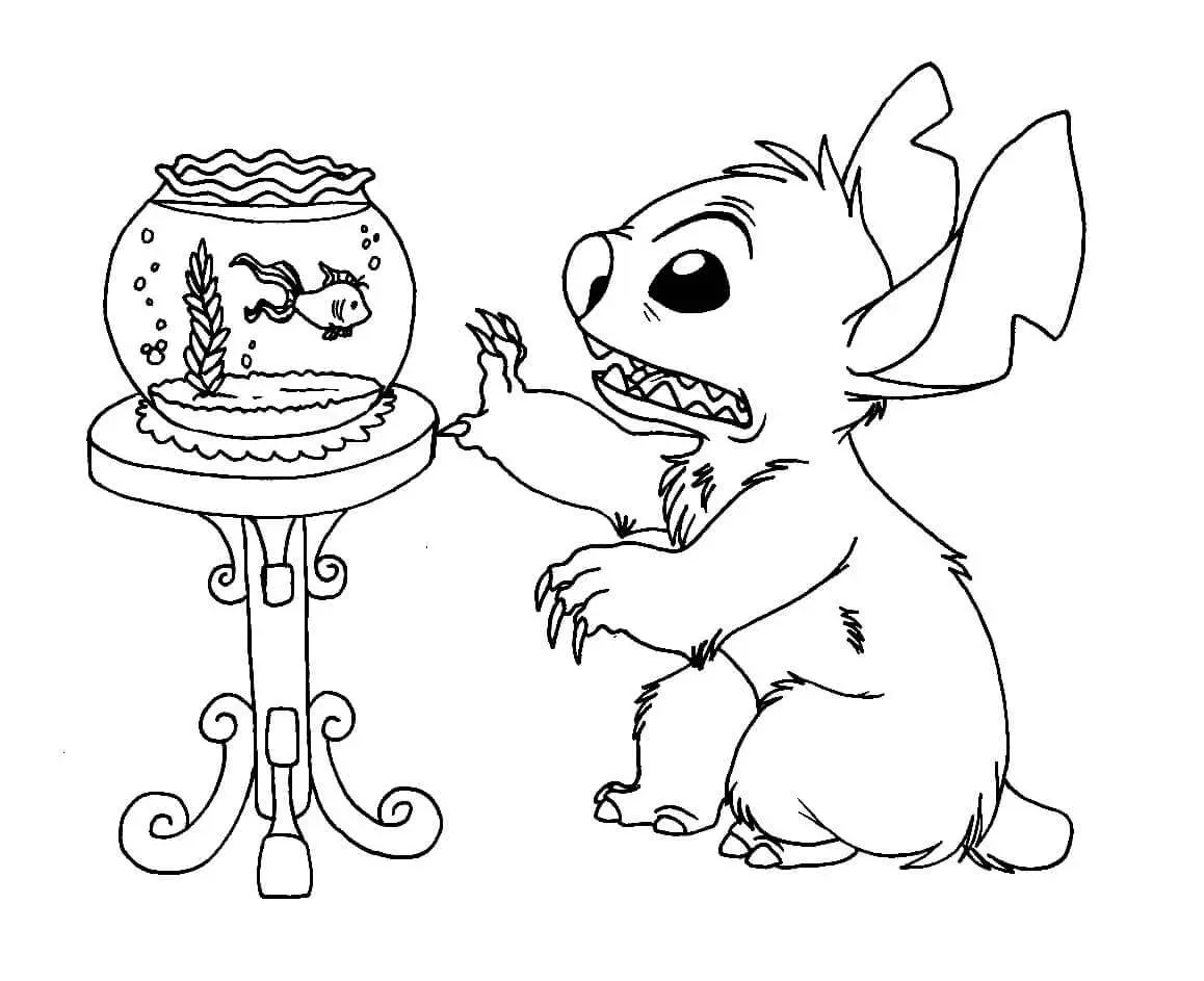 Coloriage Stitch Regarde Un Poisson Rouge - Stitch à imprimer