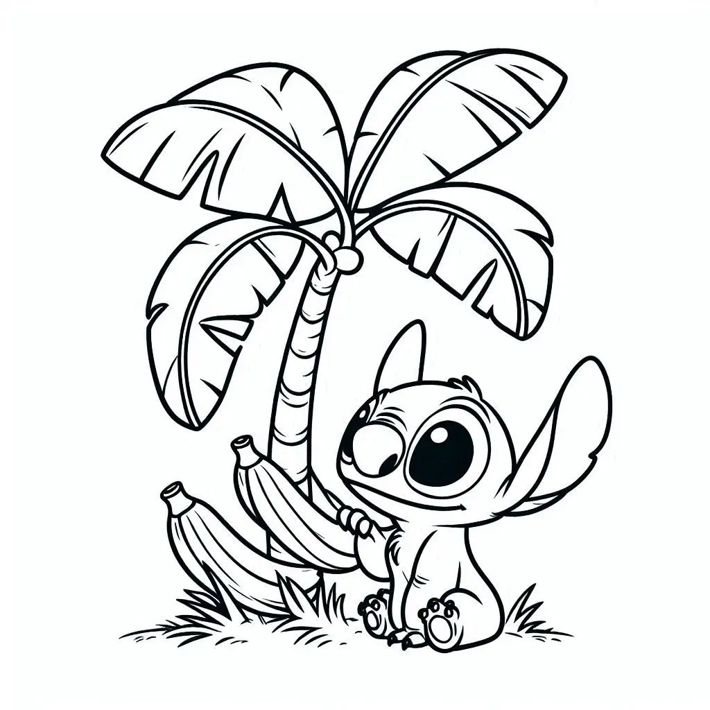 Coloriage Stitch Sous Palmier Avec Bananes - Stitch mignon à imprimer